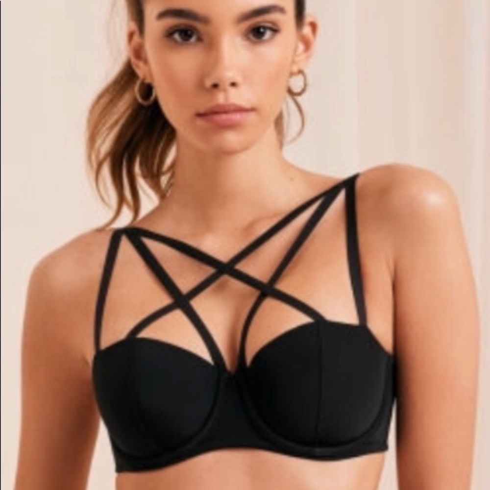 Adore Me - black bra with front crossover detail